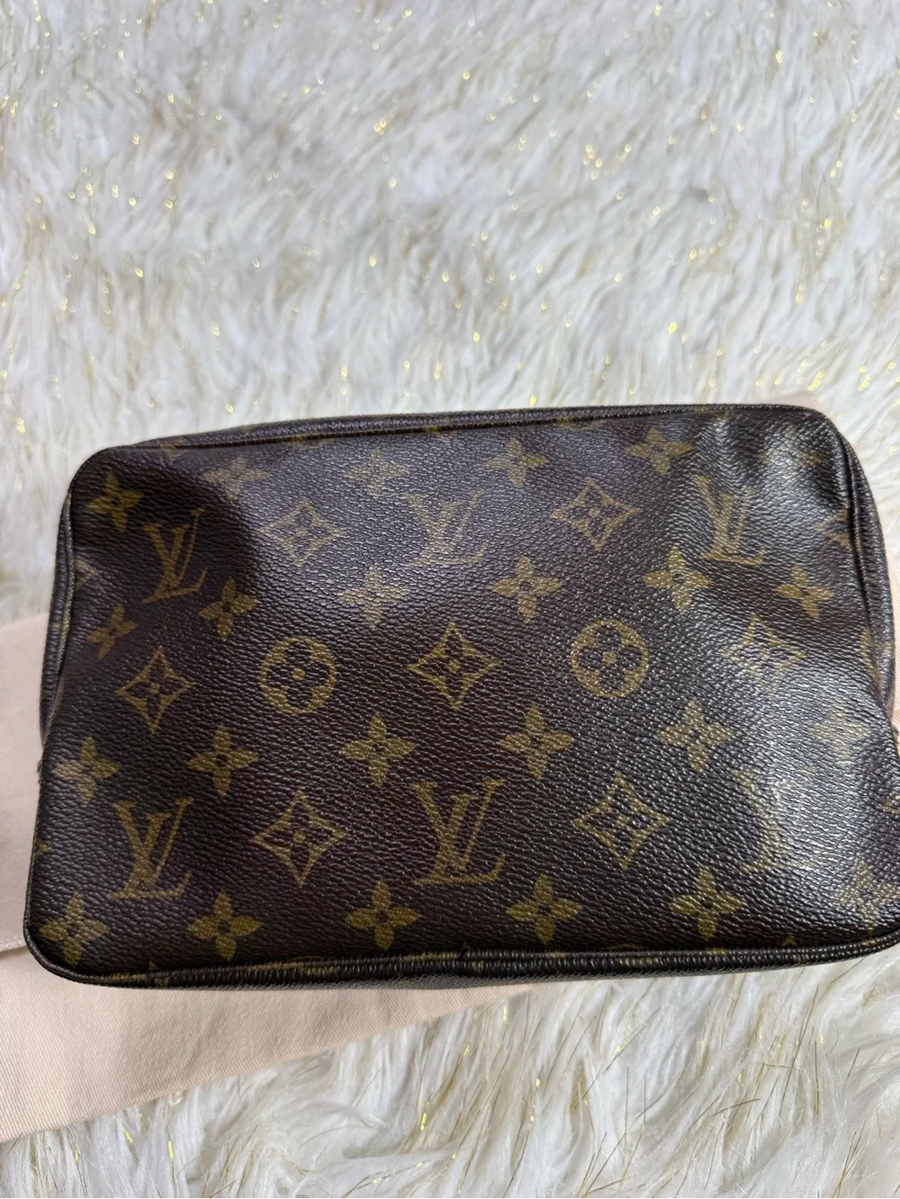 Louis Vuitton Beige Leather Zip Pouch with Gold-Tone Hardware
